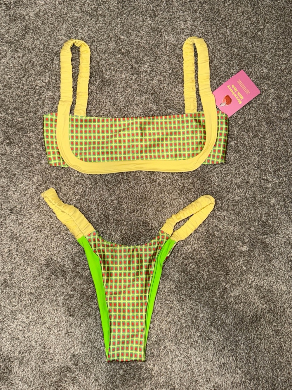 New strawberry milk mob two piece green and red bikini set